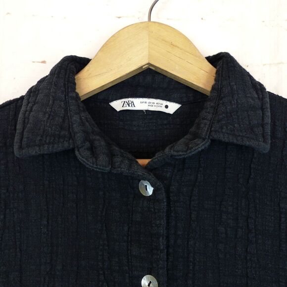 ZARA Romper Women XS Black Textured Crinkle Gauze Cotton Collared Button Up - Picture 5 of 12